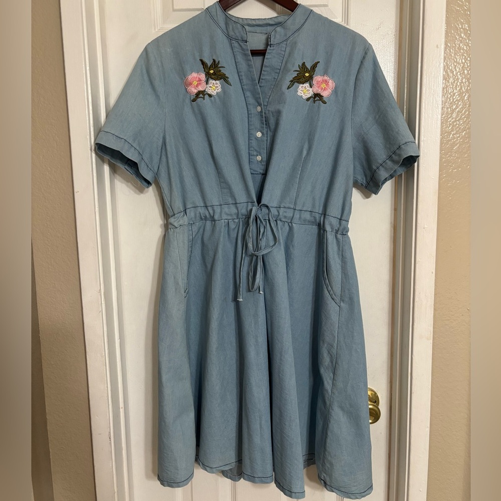 Blue Womens Dress with Floral Embroidery